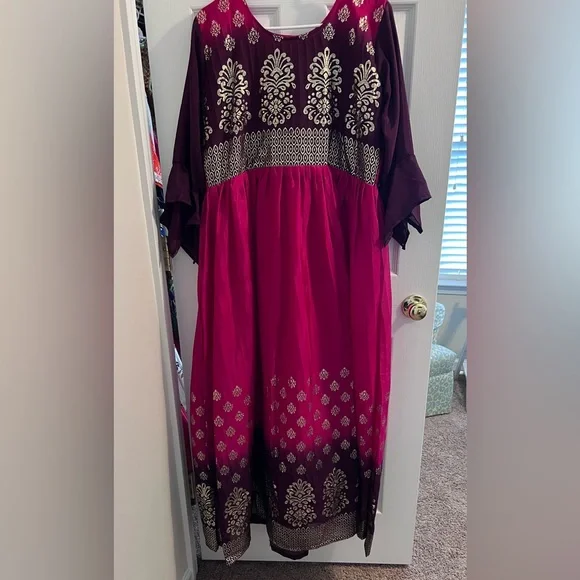 Pink and Purple Ombr Indian Gown with Gold Print Long Sleeve with Flare | Color: Gold/Pink/Purple | Size: XL | Avantikau's Closet
